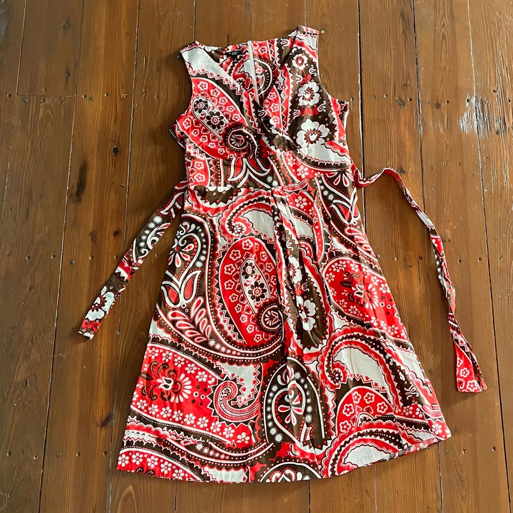 Talbots 8 sleeveless cotton paisley belted back zip sundress